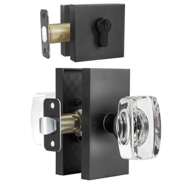 Imagem de HIEMEY Conjunto de maçanetas de porta de cristal de vidro e fechadura de cilindro único, preto fosco