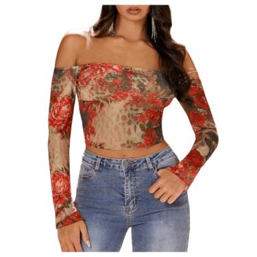 Imagem de Milumia Camiseta feminina de manga comprida com estampa floral e ombros de fora, Vermelho Multi, GG