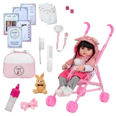Imagem de Bebê Tipo Reborn Princesa Coelhinha Cabelo Preto + Carrinho - Cegonha 