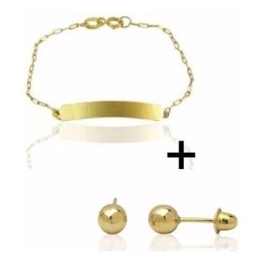Imagem de Kit Pulseira Plaquinha+ Brinco Bolinha 3mm Infantil Ouro 18k - RD Maga
