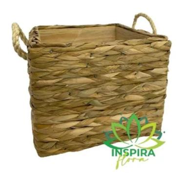 Imagem de Cesto Vaso Cachepô Revestido De Madeira Alça Palha Rústico - FLORA FUL