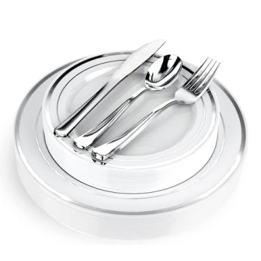 Imagem de Stock Your Home 125 peças de placas descartáveis extravagantes com conjunto de talheres, Prata, Set 1