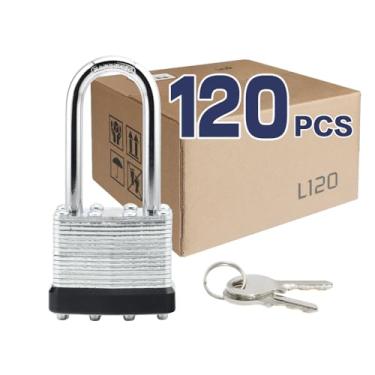 Imagem de LanuBe Cadeado com chave laminada (1-9/40.6 cm, 40 mm), fechaduras semelhantes com chave, manilha longa, aro de plástico preto marcado, pacote com 120