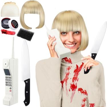 Imagem de Wavwavw 6 Pcs Halloween Horror Costume Accessories for Women Short Blonde Wig Hair Net Retro Brick Cell Phone Fake Blood Ointment Sponge Plastic Knife Halloween Cosplay for Movie Role Play Party Favor