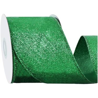 Imagem de RIBBOOO Fita de glitter verde de Natal, fita de tecido com borda brilhante com fio de 6 cm e 10 metros para artesanato, laço de guirlanda, embrulho de presente, decoração de festa