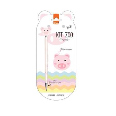 Imagem de Kit Escolar Zoo Lapiseira e Borracha BRW, PORQUINHO