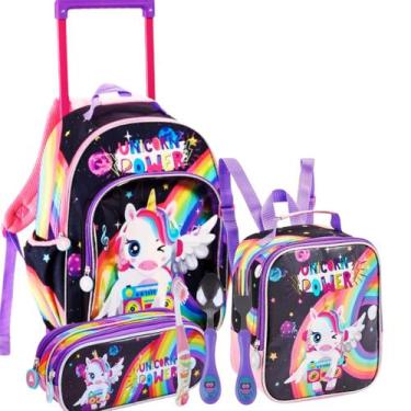 Imagem de Kit Mochila Rodinha escolar Infantil 3D Unicórnio Com Lancheira Térmic