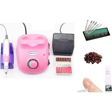 Imagem de kit Lixadeira Pedal Motor Unha Nail Master 30000 Brocas Rosa +03 saqui
