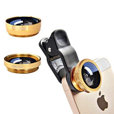 Imagem de Kit de lentes de câmera de celular 3 em 1, lente grande angular macro olho de peixe universal para smartphones, iPhone, Samsung, Android (dourado)