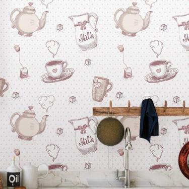 Imagem de Papel De Parede Adesivo Lavável Xícaras Bule Café Da Manhã cola em Azu
