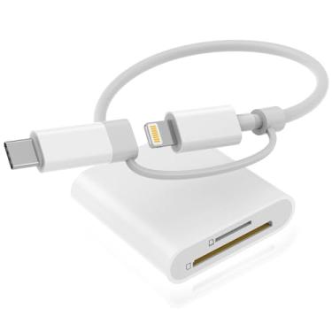 Imagem de Leitor de cartão SD para iPhone iPad, conector duplo (Lightning e USB-C), adaptador de cartão SD de memória, suporta cartões SD/MicroSD, câmera digital de trilha de alta velocidade para visualizador