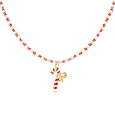 Imagem de Colar de contas de bengala doce de Natal feito à mão esmaltado Papai Noel, árvore de Natal, sinos de floco de neve, muleta, vermelho, verde, miçangas, colar com pingente para mulheres, Natal, Ano