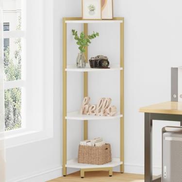 Imagem de Hzuaneri Suporte de prateleira de canto, estante de canto, prateleira de armazenamento com moldura de metal, suporte de plantas, estante de canto para sala de estar, escritório em casa, quarto, ouro