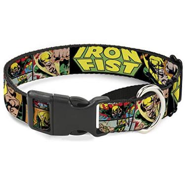 Imagem de Buckle-Down Coleira para cachorro gamarra retrô com punho de ferro em pose de ação em quadrinhos, preto, verde, amarelo, 23 a 38 cm de largura
