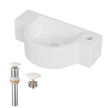 Imagem de Albriya Lavatório de cerâmica para banheiro com ralo pop-up e kit de instalação, conjunto de pia de canto para pia pequena branca para montagem na parede, ralo pop-up cromado incluído (torneira não