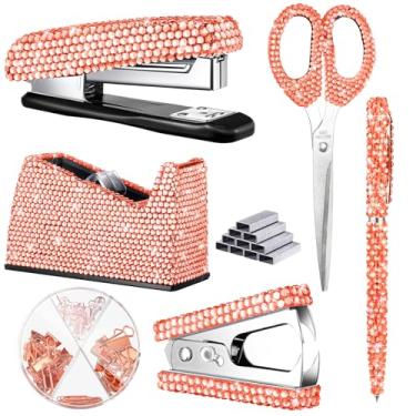 Imagem de Conjunto de acessórios de mesa de escritório com 6 peças, kit de artigos de papelaria escolar de cristal, grampeador com grampeador, dispensador de fita, caneta de diamante, removedor de grampos, clipe de fichário, clipe de papel, pinos de pressão para mulheres (ouro rosa)