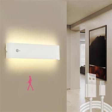 Imagem de Luminária de parede longa com sensor de movimento, arandela LED, recarregável, operada por bateria, lâmpada de parede interna com interruptor, acrílico, alumínio, quarto, sala de estar, escr