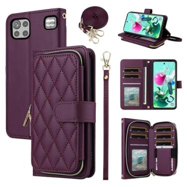 Imagem de Furiet Argyle Capa carteira para LG K92 5G com alça de pulso, 9 + compartimentos para cartão com zíper bolsa de couro PU de luxo capa de celular xadrez para LGK925G K 92 92K LMK920AM Q92 G5 roxo