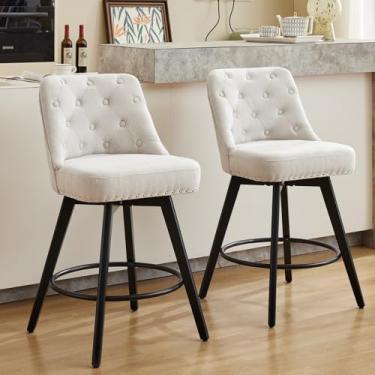 Imagem de GarveeHome Conjunto de 2 bancos de bar com altura de balcão, bancos de bar giratórios modernos com encosto e pernas de madeira, 66 cm de altura, bancos de bar estofados para cozinha e bar, tecido de