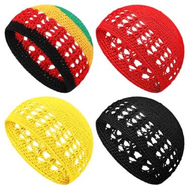 Imagem de Boyiee Chapéu masculino de tricô Kufi gorro de crochê chapéu Kufi boné de caveira para homens e mulheres, Colorido, vermelho, amarelo, preto, Tamanho único