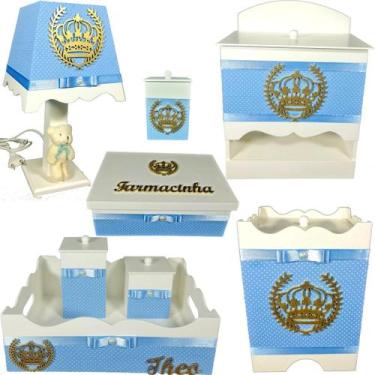 Imagem de Kit Higiene bebê Mdf decorado 8 pçs - AZUL BB COM BOLINHAS DE COROA - 