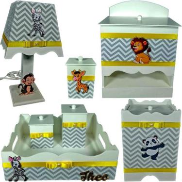 Imagem de Kit Higiene bebê Mdf  7 pçs - SAFARI CHEVRON CINZA - Flores para Maria