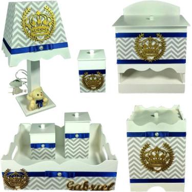 Imagem de Kit Higiene bebê Mdf decorado 7 pçs - CHEVRON CINZA DE COROA - Flores 