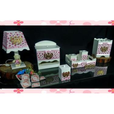 Imagem de Kit Higiene bebê Mdf decorado 7 pçs - ROSA FLORIDO DE COROA - Flores p