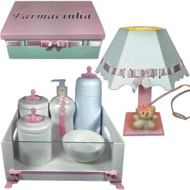 Imagem de Kit higiene quarto de bebê porcelana mdf 8 pçs - Branco e Rosa bb - AR