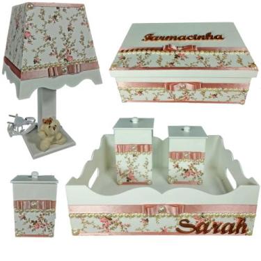 Imagem de Kit de Higiene de bebê madeira Mdf menina 6 pçs - ROSÊ BRANCO FLORIDO 