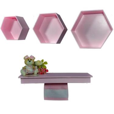 Imagem de Kit Nichos Colmeia + Prateleira com Varão MDF - ROSA BB - Flores para 