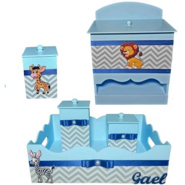 Imagem de Kit de Higiene de bebê madeira Mdf Menino 5 pçs - SAFARI AZUL BB CHEVR