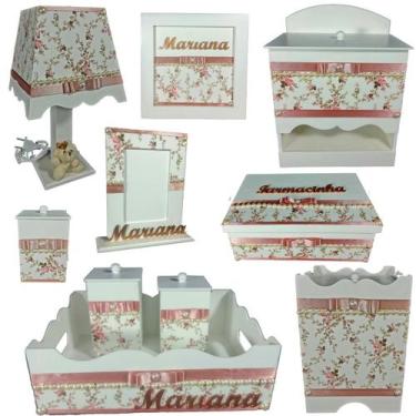 Imagem de Kit Higiene bebê Mdf 10 peças menina - ROSÊ BRANCO FLORIDO E PÉROLAS -