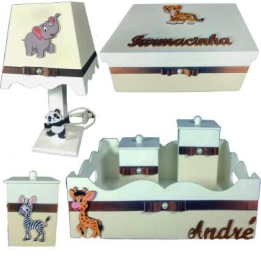 Imagem de Kit de Higiene de bebê madeira Mdf unissex 6 pçs - SAFARI BRANCO COM P
