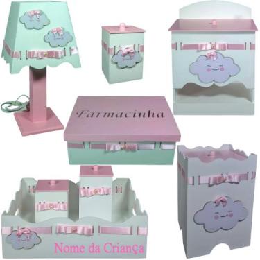 Imagem de Kit de Higiene bebê mdf menina - Nuvem branco tampas rosa bb - FLORES 