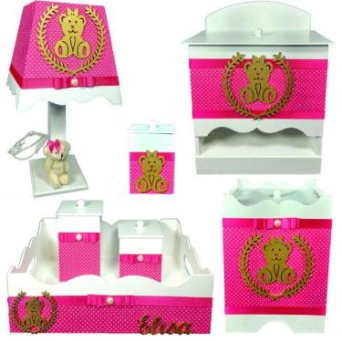 Imagem de Kit Higiene bebê menina Mdf 7 pçs - ROSA PINK COM BOLINHAS DE URSINHA 
