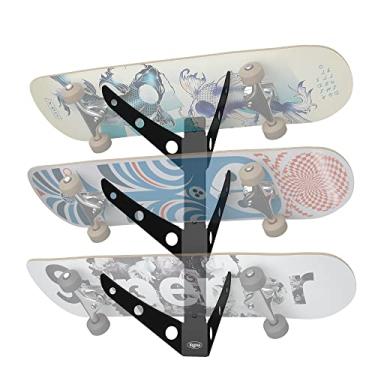 Imagem de Koova Suporte de suporte de parede para 3 skates | Exibição criativa de deck | Armazenamento de longboard para casa ou garagem | Gancho de scooter | Fácil instalação - Inclui ferragens | Estrutura de
