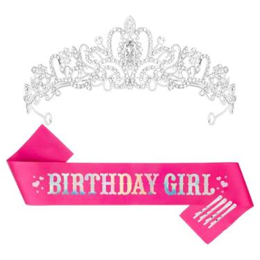 Imagem de Ondder Faixa e coroa para meninas de aniversário para mulheres, tiara de coroa de aniversário para decorações de aniversário, faixa de aniversário com glitter e tiara princesa para lembrancinhas de