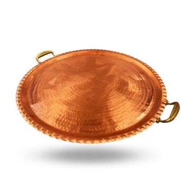 Imagem de Bandeja de Cobre Redonda Com Alças Douradas G ( 51 Cm) - Artesanato Lí
