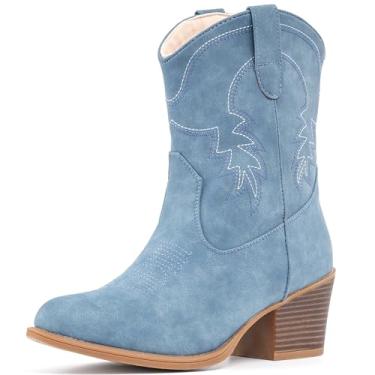 Imagem de IXU Botas femininas caubói, cano baixo, cowgirl, botas ocidentais, cano médio, bico fino, curto, grosso, clássico, cinza camelo EUA 6-10,5, Azul, 41
