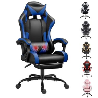 Imagem de Cadeira de jogos, cadeiras de videogame de massagem grandes e altas, apoio para os pés, apoio para os pés acolchoado com apoio de braço ajustável, capacidade de 136 kg, cadeiras de corrida