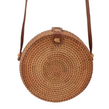 Imagem de Bolsa de vime redonda tecida à mão GRCFUMO, bolsa de vime marrom com alça de couro de ombro, bolsa de palha redonda elegante para mulheres (Fivela de couro de cor lisa com forro)