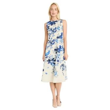 Imagem de Maggy London Vestido feminino justo e flare midi sem mangas com silhueta evasê - vestido de convidada de casamento, Creme/Denim Blue, 46