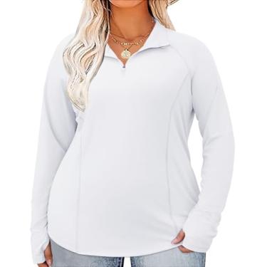 Imagem de LOMON Camisetas femininas plus size de manga comprida com zíper 1/4 proteção solar UV secagem rápida camisetas atléticas Rash Guard FPS 50+, Branco, XGG