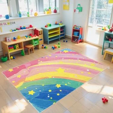 Imagem de Lacomfy Tapete infantil 3x5 rosa para quarto de meninas colorido estrelas tapete de berçário antiderrapante lavável macio tapete fofo infantil para sala de estar sala de aula