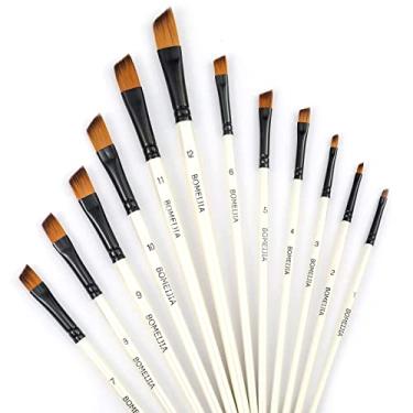 Imagem de Pincéis de pintura angulares de nylon para cabelo angular aquarela conjunto de pincéis para aquarela acrílicas, tintas guache, óleo e temperatura (conjunto de 12 peças de pincéis brancos perolados angulares)