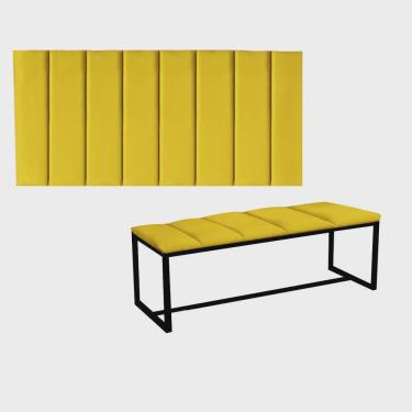 Imagem de Kit Painel Carla e Recamier Industrial 160cm Queen Size Box Ferro Preto Suede Amarelo - Ahz Móveis
