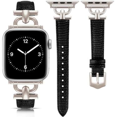 Imagem de Pulseira de couro feminina compatível com Apple Watch séries 11/10/9/8/7/6/5/4/3/2/1/se/Ultra/Ultra 2 (49 mm, 46 mm, 45 mm, 44 mm, 42 mm, lagarto, preto/starlight)