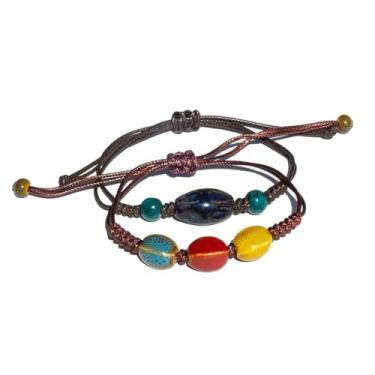 Imagem de Zlanderah 2 pulseiras femininas hippie coloridas de contas de cerâmica para mulheres, pulseiras boho para mulheres modernas, joias boêmias para presentes, One Size, Cerâmica, Sem Pedra Preciosa