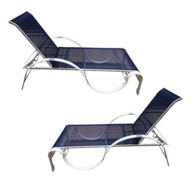 Imagem de Espreguiçadeira Ondulada de Piscina Alumínio Tela Sling Azul Resistente Sol e Chuva